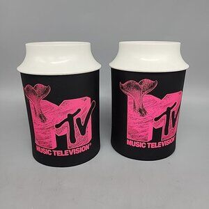 2 Vintage MTV Koozie Kup Retro 1991 Cooler Foam Plastic Beer Can Bottle Coozies